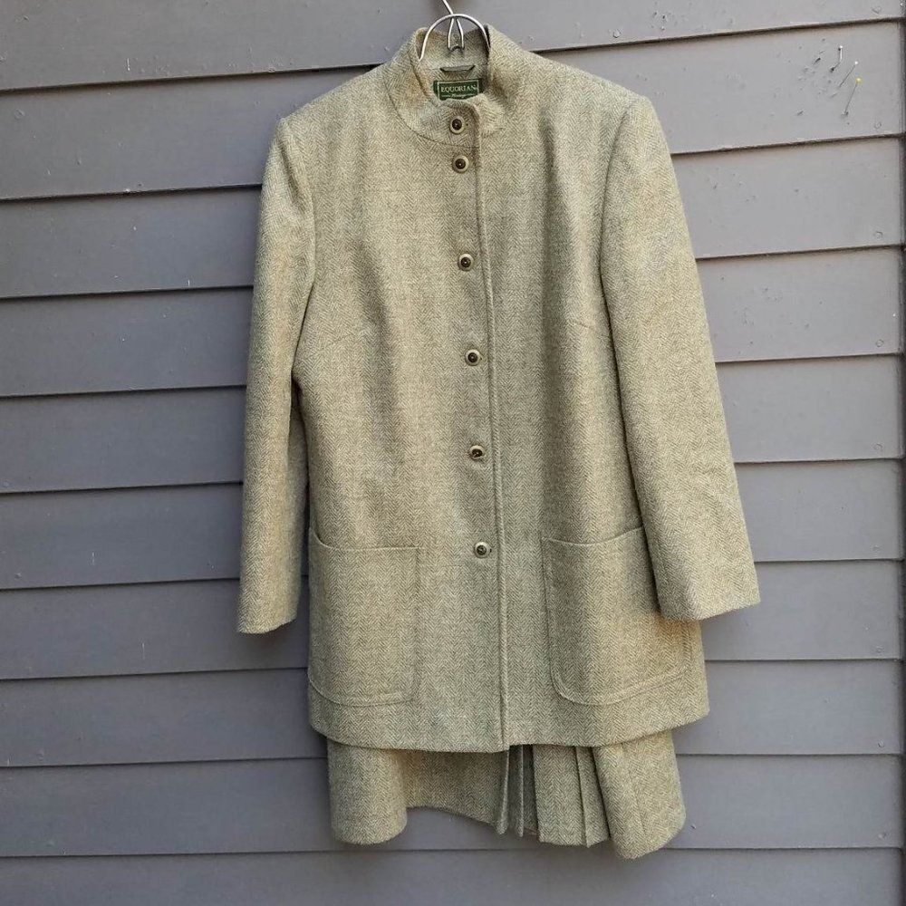 Equorian Heritage Wool Green Herringbone Skirt Suit Set size 12